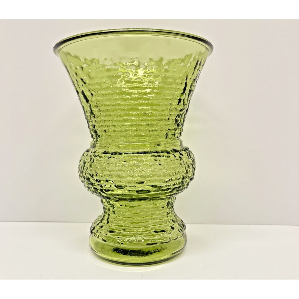 Vintage Anchor Hocking Soreno Avocado 8" Vase-Textured Pressed Bark Pattern-VG